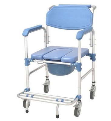 Chaise à quatre roues d'aluminium bleue de toilette du cadre pp d'alliage avec le frein