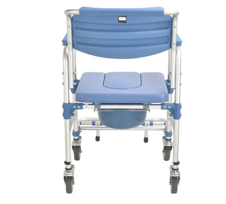 Chaise à quatre roues d'aluminium bleue de toilette du cadre pp d'alliage avec le frein