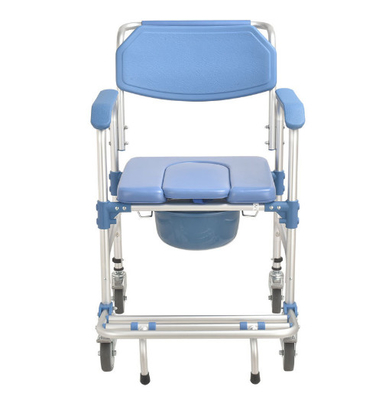 Chaise à quatre roues d'aluminium bleue de toilette du cadre pp d'alliage avec le frein