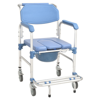 Chaise à quatre roues d'aluminium bleue de toilette du cadre pp d'alliage avec le frein